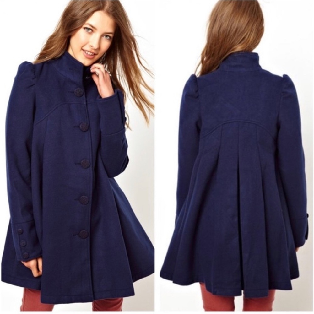 Free People Blue Pleated Swing Pea Coat Jacket
